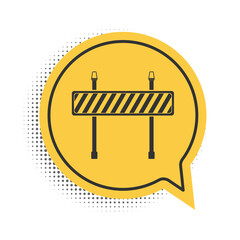 Black Road barrier icon isolated on white background. Fence of building or repair works. Hurdle icon. Yellow speech bubble symbol. Vector.