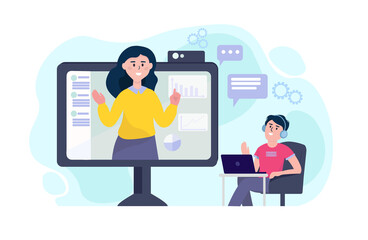 E-learning student using webinar training and listening to business lady with charts and graphs on the monitor. Webinar, online video training, the concept of a training podcast. Vector graphics.