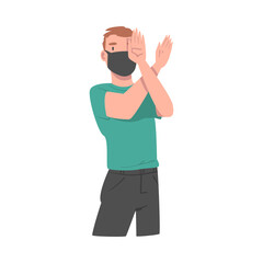 Man in Face Mask Showing Stop Virus Sign with Crossed Arms Vector Illustration