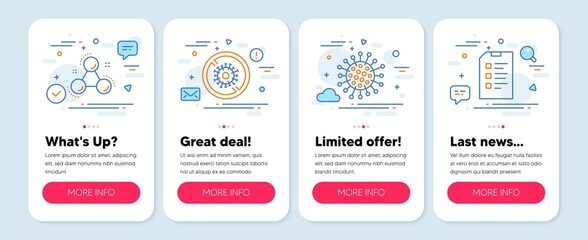 Set of Science icons, such as Stop coronavirus, Chemistry molecule, Coronavirus symbols. Mobile screen banners. Checklist line icons. No infection, Laboratory atom, Infection. Data list. Vector