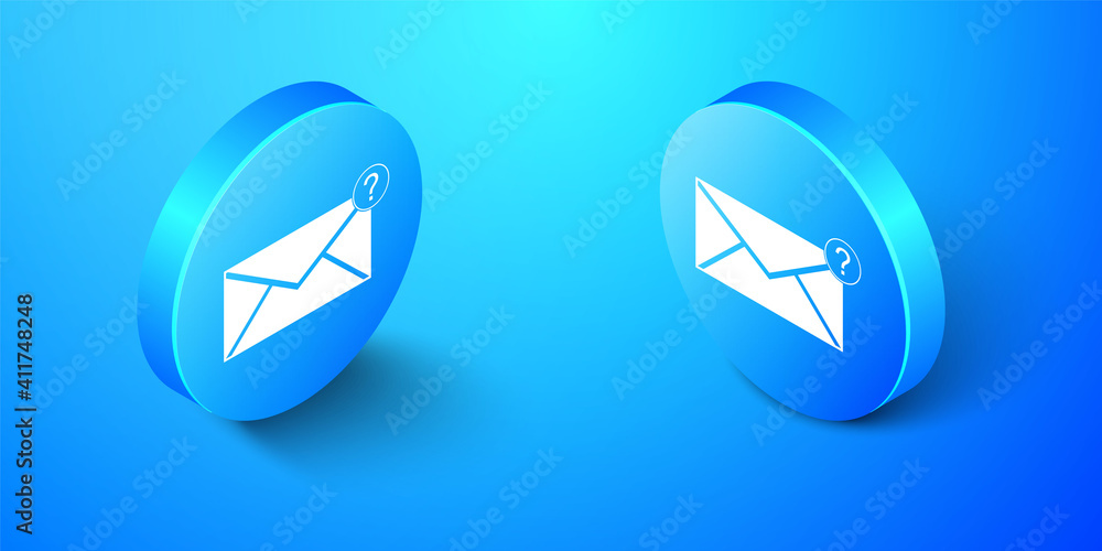 Poster isometric envelope with question mark icon isolated on blue background. letter with question mark sy
