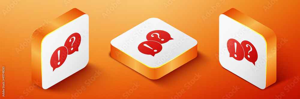 Poster isometric speech bubbles with question and exclamation marks icon isolated on orange background. faq