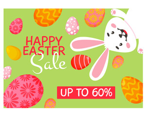 Happy Easter vector website template, web page and landing page design for websites and mobile websites. Discounts and best deals. Easter rabbits and eggs.