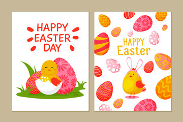 Set of cute Easter cards. Collection of postcards with Easter chiken and eggs. Spring templates for your design. Vector illustration