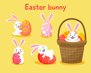 Set of different Easter bunnies. In a basket, hugging an egg. Hand drawn cartoon illustration. Cute stylish characters.