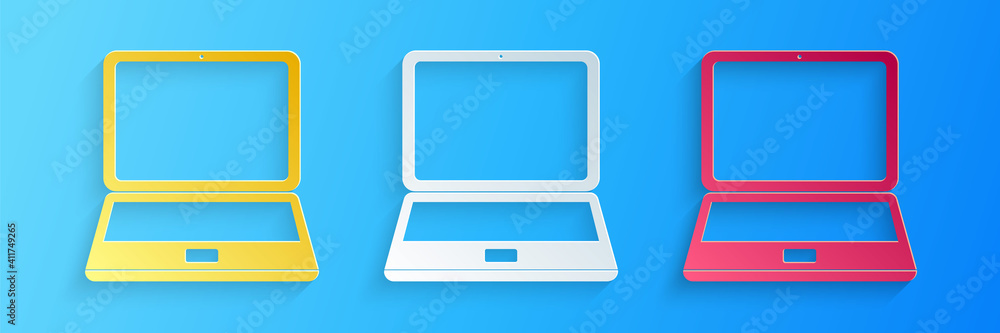Poster paper cut laptop icon isolated on blue background. computer notebook with empty screen sign. paper a