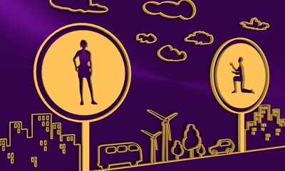 Silhouette of man in prayer pose. Man asking woman to marry him. Road signs with human icons. Thin line style scene. 3D rendering.