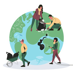 People volunteer clean planet Earth from garbage from plastic bottles and various waste. Women and man cleanse the World from pollution and save ecology, environment or nature. Flat vector