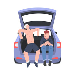Two Man Sitting in Car Trunk Resting Vector Illustration