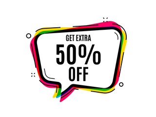 Get Extra 50 percent off Sale. Speech bubble vector banner. Discount offer price sign. Special offer symbol. Save 50 percentages. Thought or dialogue speech balloon shape. Vector