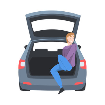 Beaming Man Sitting in Car Trunk Taking Picture Vector Illustration