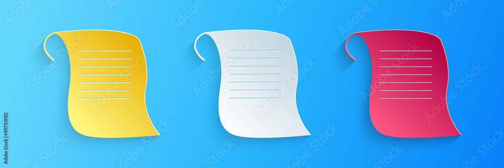 Poster paper cut paper scroll icon isolated on blue background. canvas scroll sign. paper art style. vector