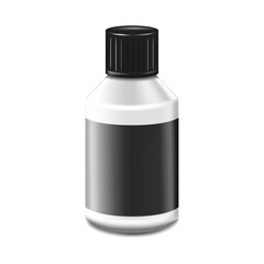 White bottle with black label and screw cap, vector mock-up. Blank container for cosmetic, medical or other liquid product, mockup. Template for design
