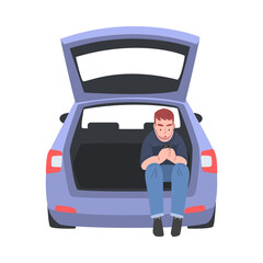Naklejka na ściany i meble Man Sitting in Car Trunk Using Smartphone Vector Illustration