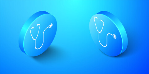 Isometric Stethoscope medical instrument icon isolated on blue background. Blue circle button. Vector.