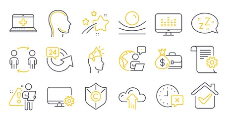 Set of Business icons, such as Workflow, Monitor settings, Head symbols. Time, Technical documentation, Brand ambassador signs. Elastic material, Music making, Cloud upload. Salary, Sleep. Vector