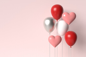 Pink background with white and red balloons. Valentine's Day or wedding day romantic background for party, events, presentation or promotion banner, posters. 3d render