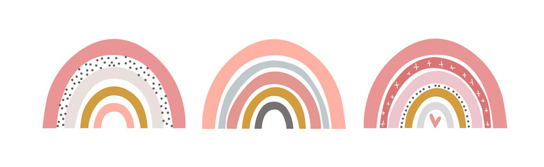 Three baby cute rainbow graphic illustration. Art rainbow color brush stroke. Baby design for birthday invitation or baby shower, poster, clothing, nursery wall art and postcard.