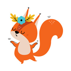 Cute Red Squirrel with Bushy Tail Wearing Floral Wreath on Its Head and Dancing Vector Illustration