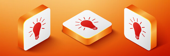 Isometric Light bulb with rays shine icon isolated on orange background. Energy and idea symbol. Lamp electric. Orange square button. Vector.