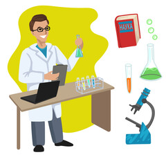 Scientist. Professions, character and items for his work. Children's education. Exercise for preschoolers. Vector flat cartoon illustration.