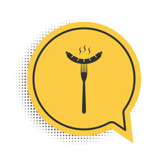Black Sausage on the fork with steam icon isolated on white background. Grilled sausage and aroma sign. Yellow speech bubble symbol. Vector.