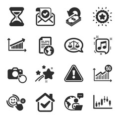 Fototapeta premium Set of Education icons, such as 5g statistics, Cashback, Confirmed mail symbols. Internet document, Musical note, Recovery photo signs. Candlestick graph, Chart, Customer satisfaction. Vector