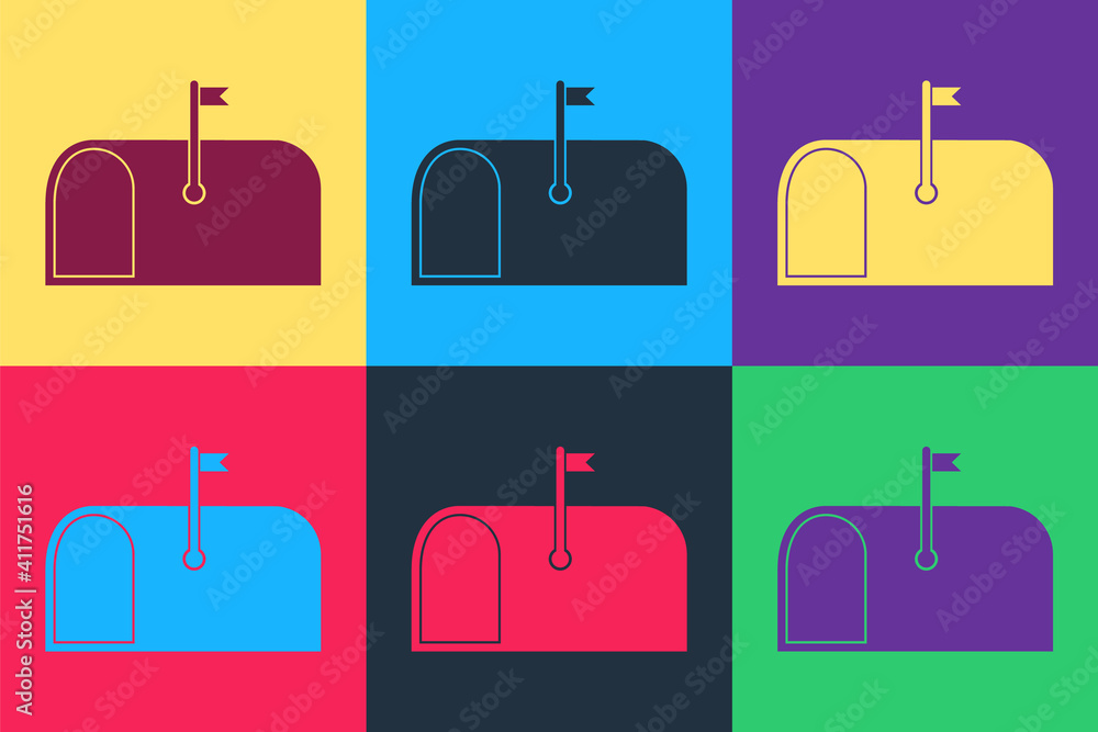 Poster pop art mail box icon isolated on color background. mailbox icon. mail postbox on pole with flag. ve