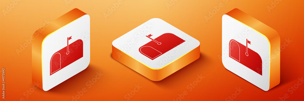 Poster isometric mail box icon isolated on orange background. mailbox icon. mail postbox on pole with flag.