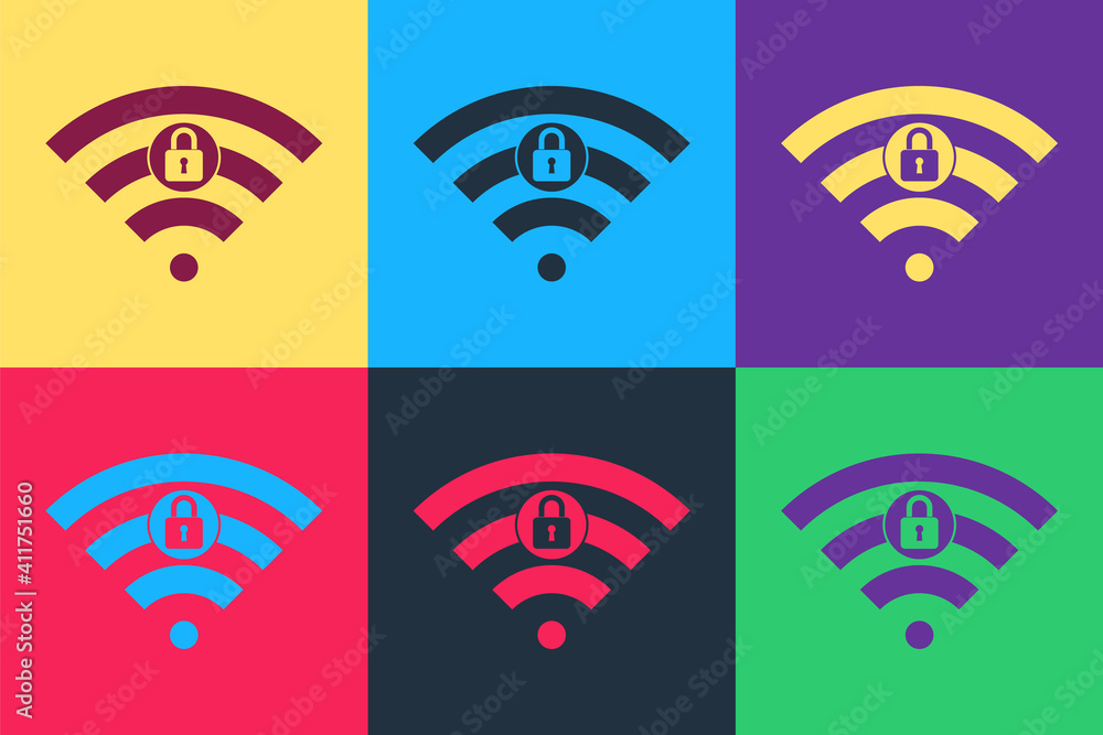 Aufkleber pop art wifi locked sign icon isolated on color background. password wi-fi symbol. wireless network 