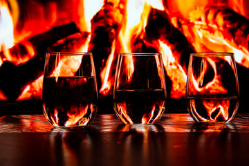 A beautiful glass with a drink near the fireplace. Firewood and fire. Glass and liquid.