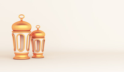 Islamic decoration background with arabic lantern cartoon style, ramadan kareem, mawlid, iftar, isra  miraj, eid al fitr adha, muharram, copy space text, 3D illustration.