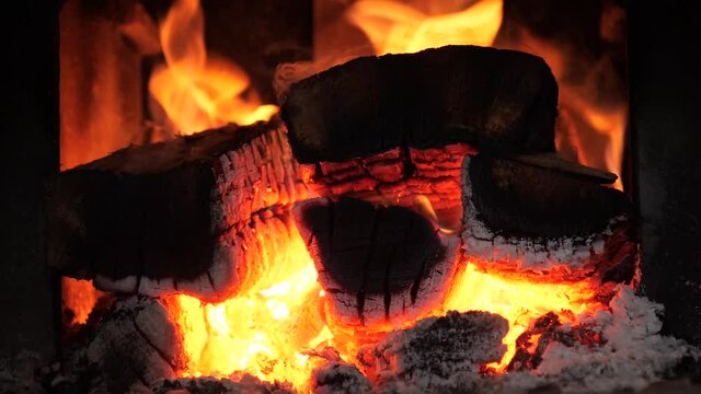 firewood burning in the furnace firebox red flame