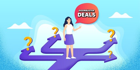 Doorbuster deals. Future path choice. Search career strategy path. Special offer price sign. Advertising discounts symbol. Directions with question marks. Doorbuster deals banner. Vector