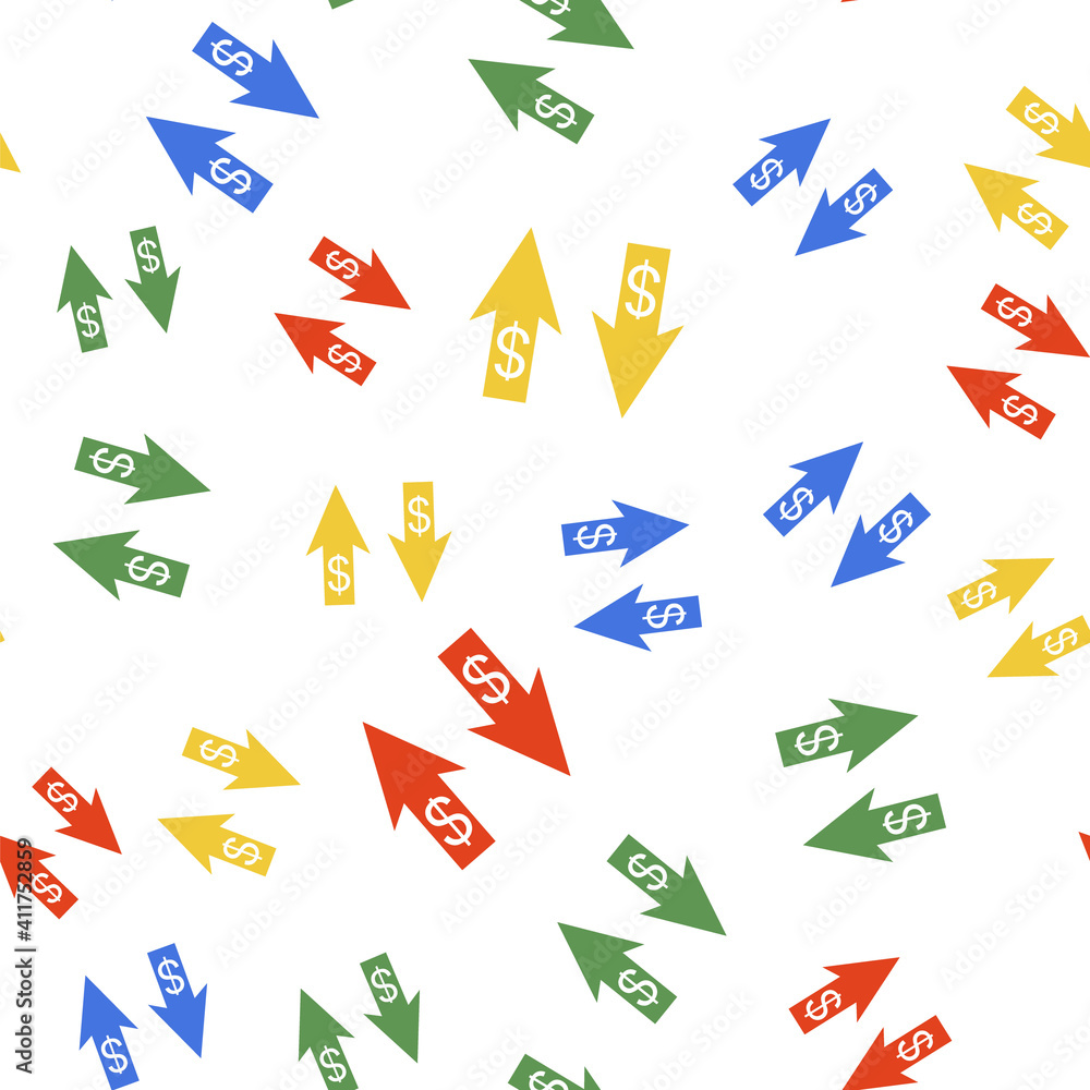 Poster color up and down arrows with dollar symbol icon isolated seamless pattern on white background. busi