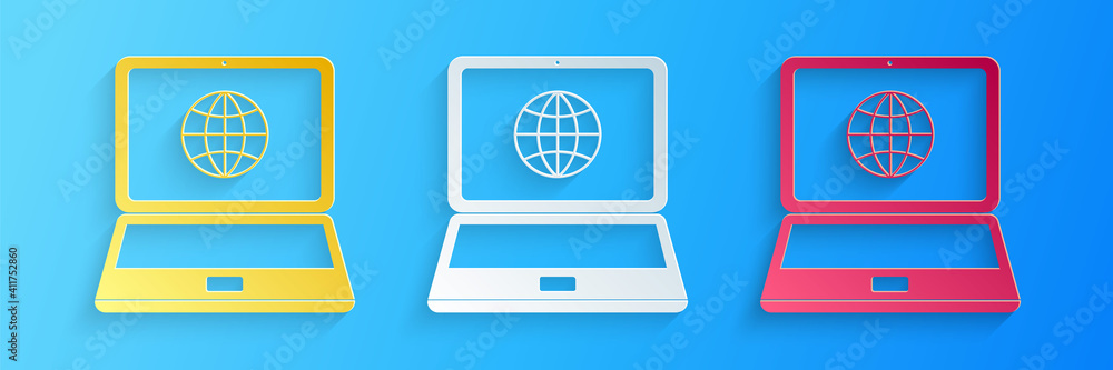 Poster paper cut globe on screen of laptop icon isolated on blue background. notebook computer with globe s