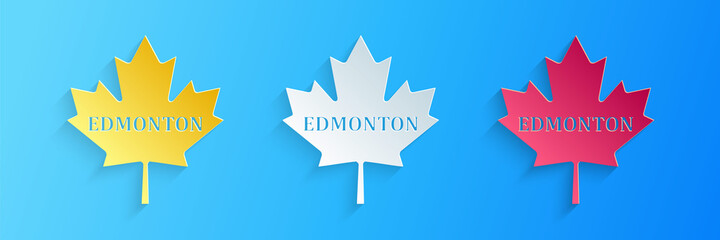 Paper cut Canadian maple leaf with city name Edmonton icon isolated on blue background. Paper art style. Vector.