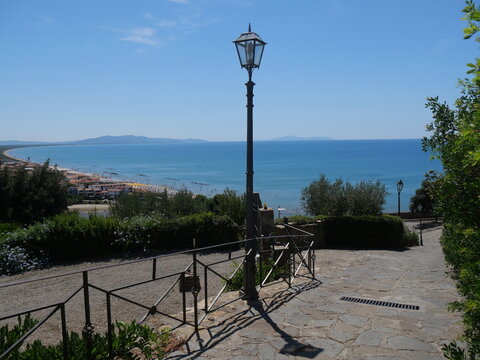Panorama on the coast lapped by the Tyrrhenian Sea from the Castle of Castiglione della Pescaia on the top of the village and over Solti Square.