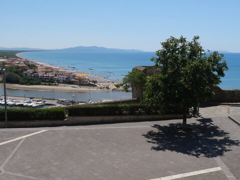 Panorama on the coast lapped by the Tyrrhenian Sea and of the wetland of the Maremma from the balcony of Solti Square in Castiglione della Pescaia.