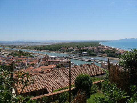 Panorama on the coast lapped by the Tyrrhenian Sea and of the wetland of the Maremma from the balcony of Solti Square in Castiglione della Pescaia.