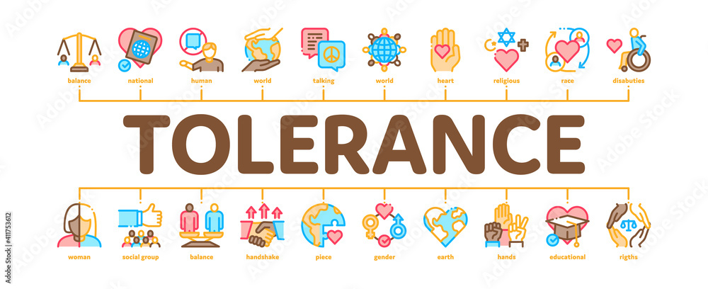 Aufkleber tolerance and equality minimal infographic web banner vector. tolerance for different religion and r