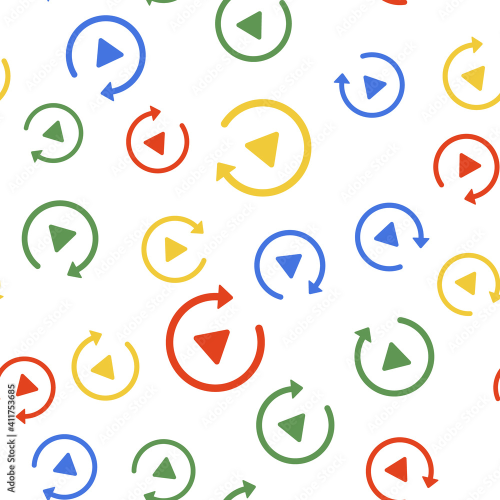 Poster color video play button like simple replay icon isolated seamless pattern on white background. vecto