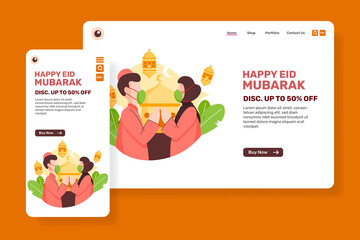 Leading page Happy eid Mubarak with illustration Muslim people