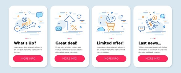 Set of Finance icons, such as Vip shopping, Loan percent, Increasing percent symbols. Mobile screen banners. Payment method line icons. Exclusive privilege, Growth chart, Discount. Give money. Vector