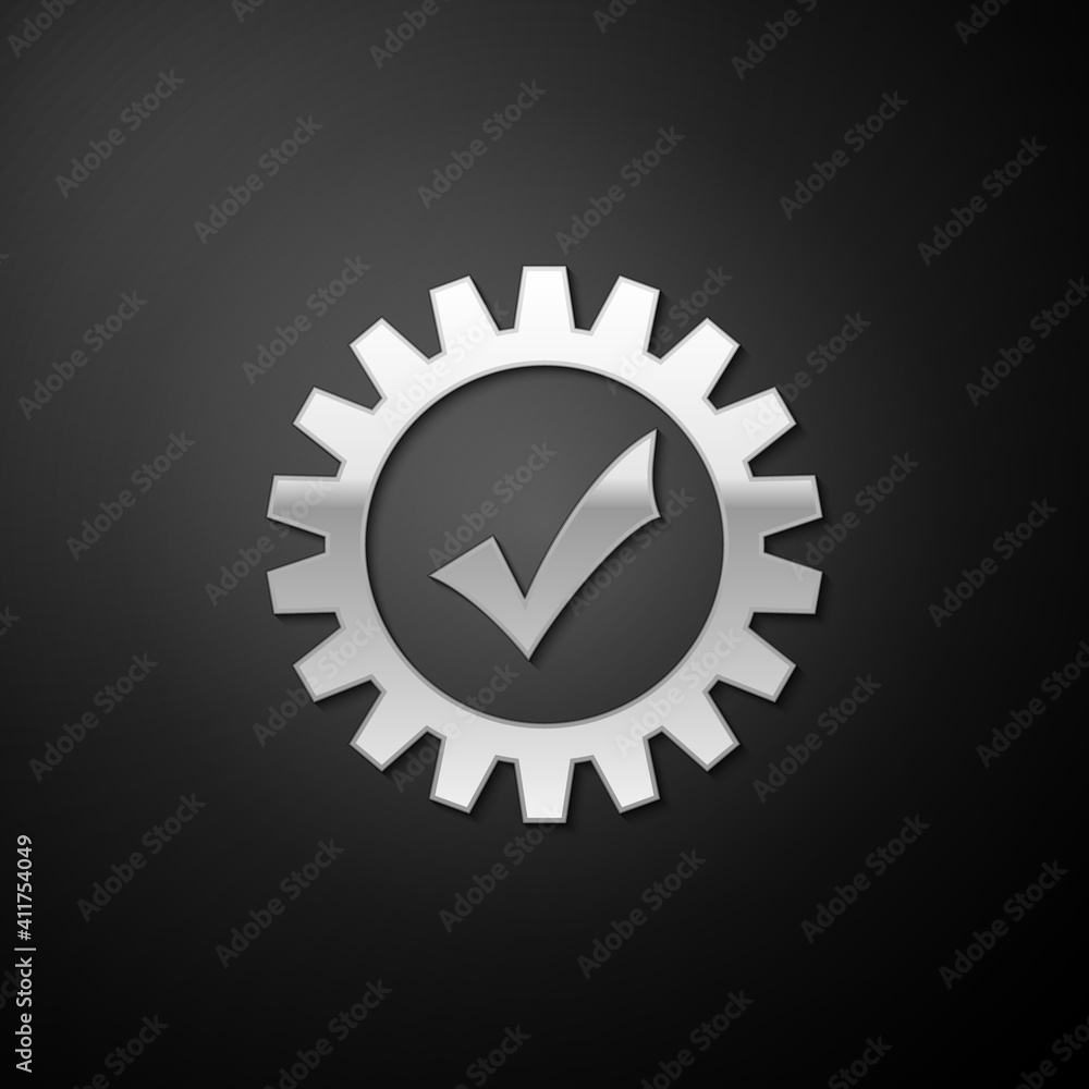 Poster silver gear with check mark icon isolated on black background. cogwheel simple icon. approved servic
