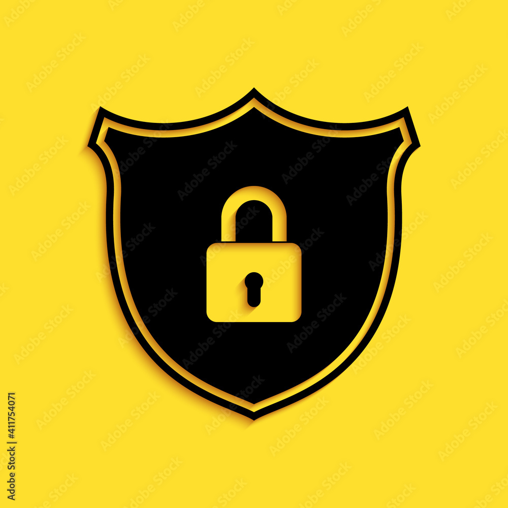 Poster black shield security with lock icon isolated on yellow background. protection, safety, password sec
