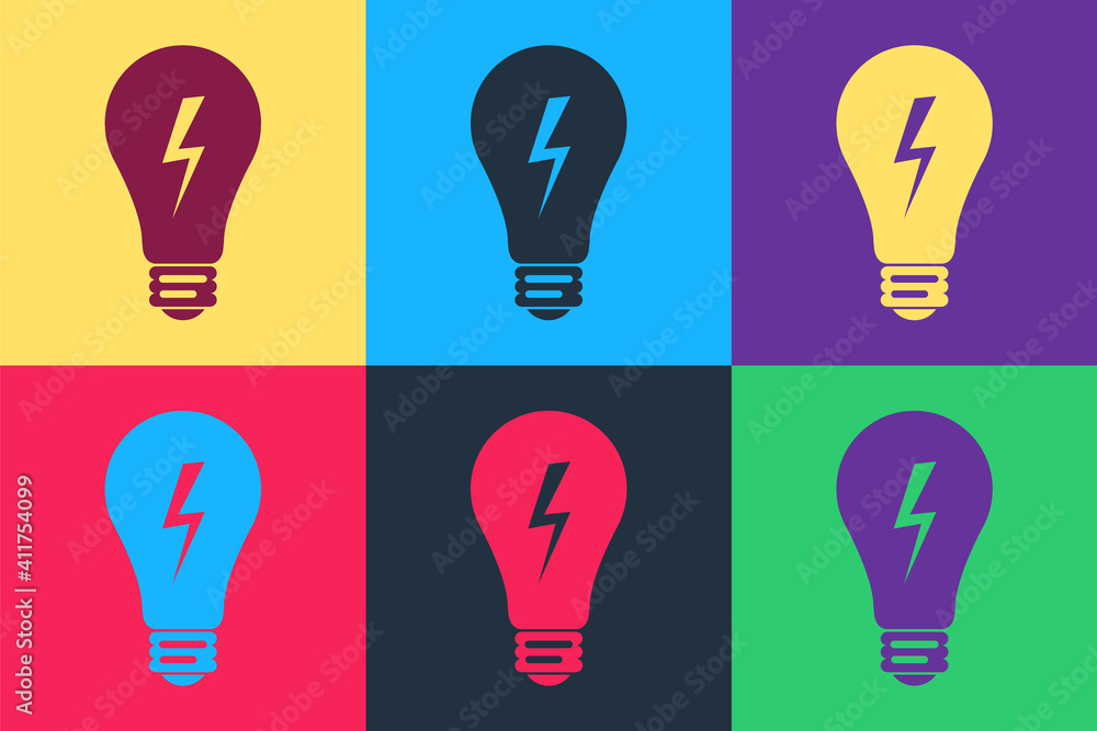 Poster pop art light lamp sign. bulb with lightning symbol icon isolated on color background. idea symbol. 