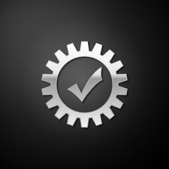 Silver Gear with check mark icon isolated on black background. Cogwheel simple icon. Approved service sign. Transmission Rotation Mechanism symbol. Long shadow style. Vector.