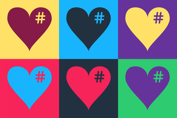 Pop art The hash love icon. Hashtag heart symbol icon isolated on color background. Vector.