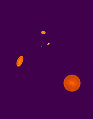 Bright abstract poster in retro style. Orange discs, spheres, shapes floating in deep purple space. Vintage representation of harmony and peace. Dynamic, balanced and simple composition.